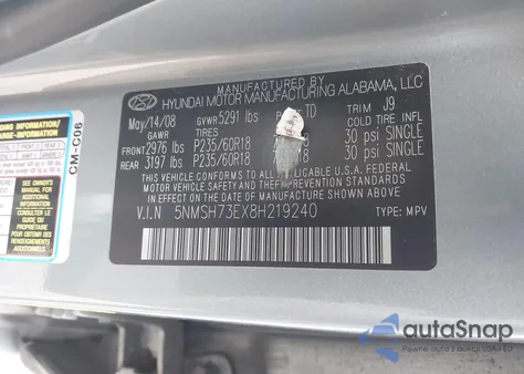 2008 Hyundai Santa Fe Limited/Se z USA, uszkodzony, nr VIN 5NMSH73EX8H219240